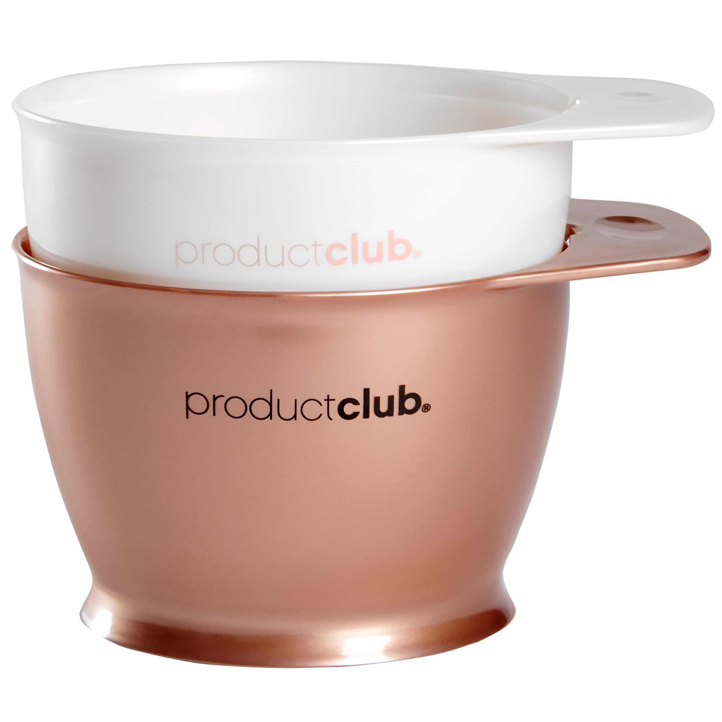 A white mixing bowl stacked inside of a rose gold mixing bowl.